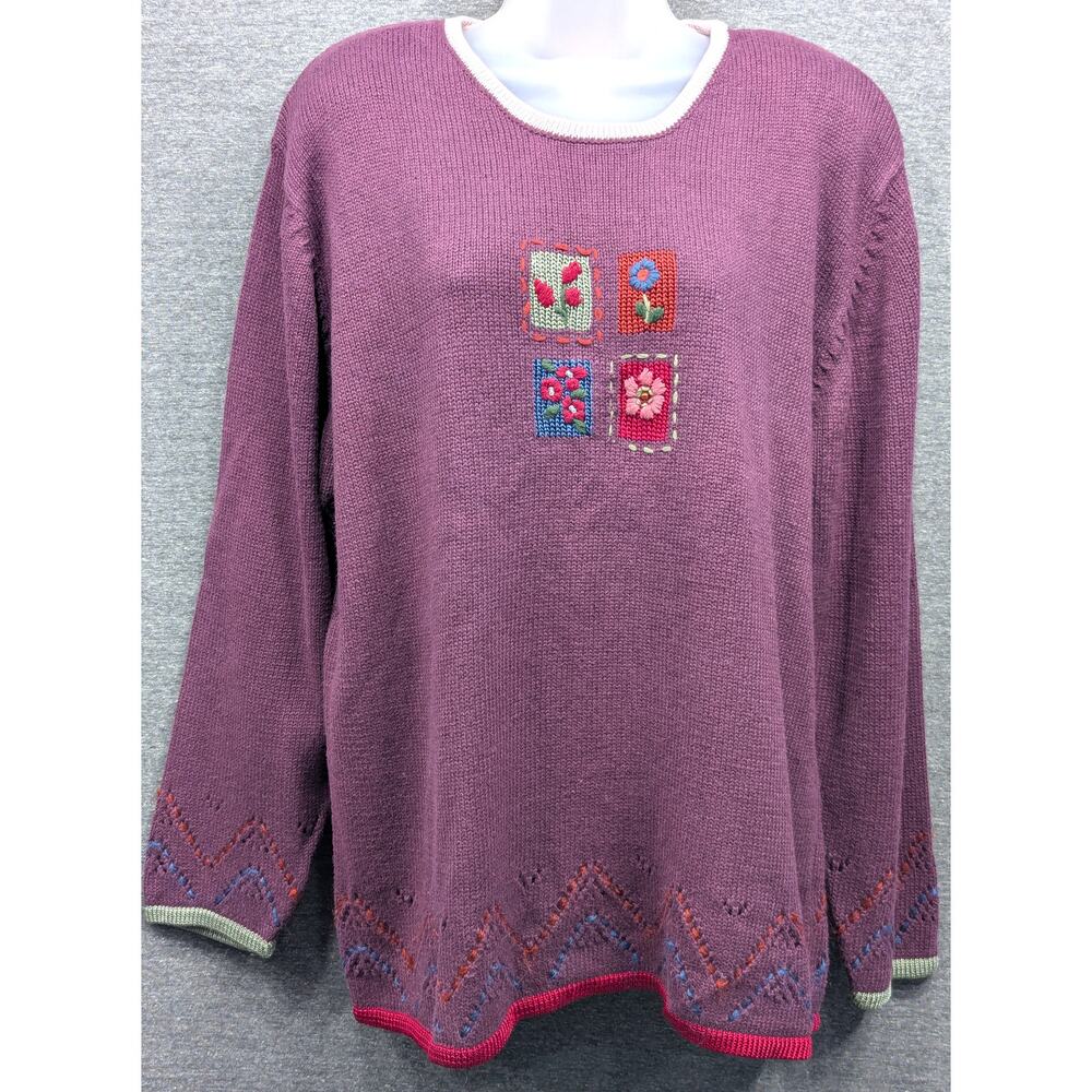 VINTAGE Christopher & Banks Sweater - Purple, Floral, Hand Embroidered, Size XL